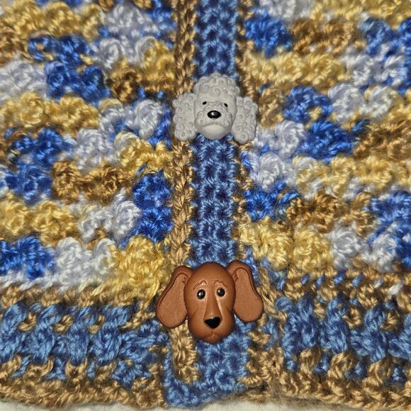 Hand Crochet Baby Sweater & Hat Set 9-12 Month Dog Buttons Poodle Hound Blue New - Picture 6 of 13